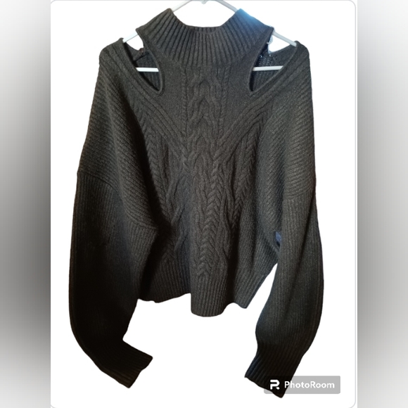 Express Cableknit Turtleneck Cutout Sweater Balloon Sleeves Olive Green - Picture 2 of 8